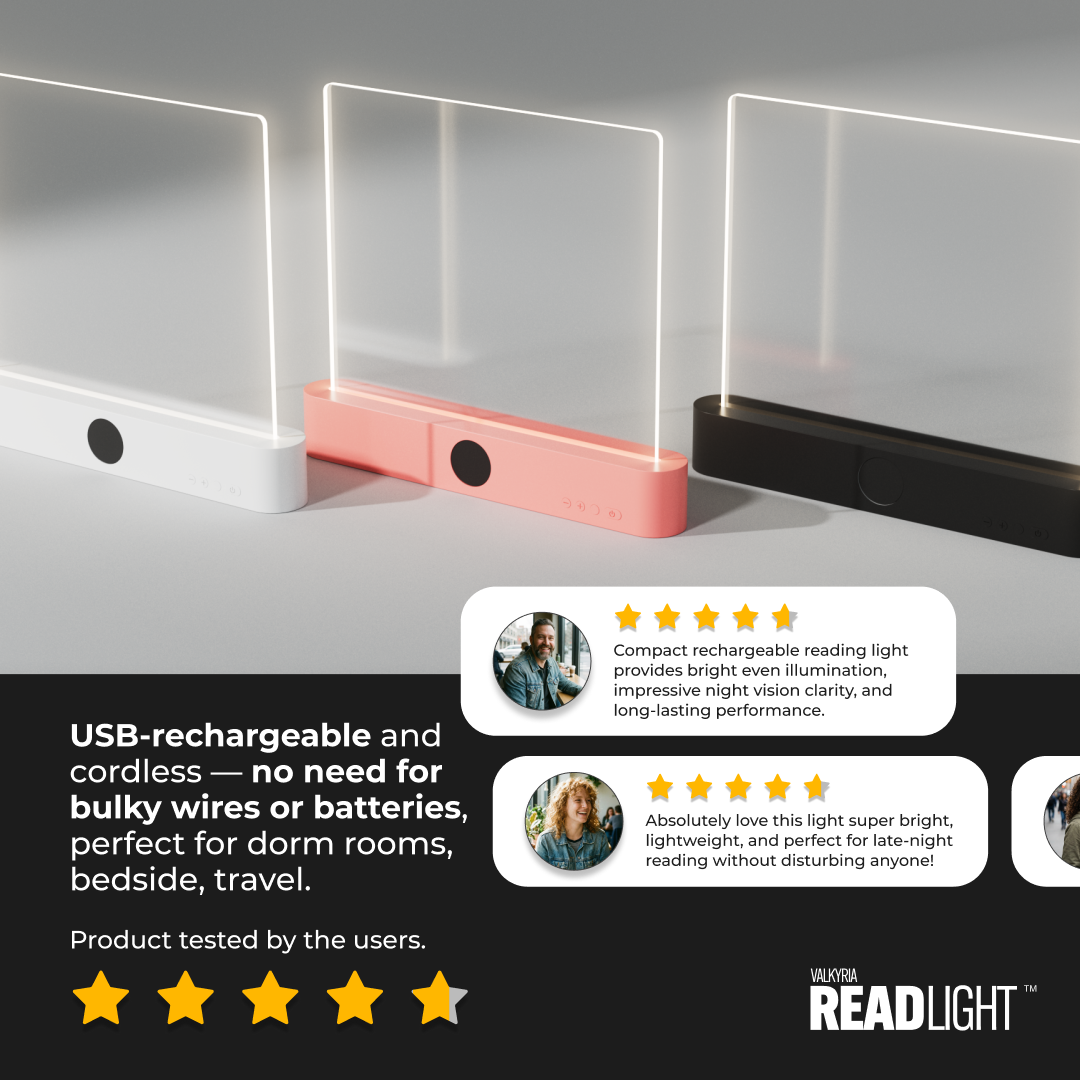 USB-rechargeable reading light with user testimonials and product details.